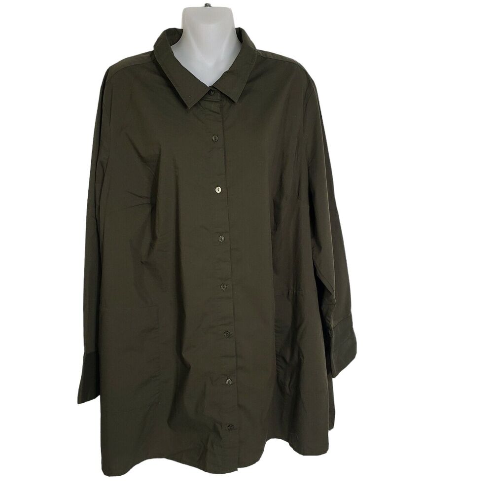 Denim & Co Women Shirt 2XP Petite Stretch Poplin Duster True Olive Button Pocket